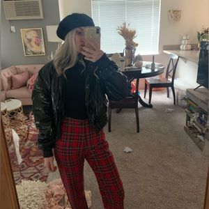 Cropped Holographic Black Pleather Puffer